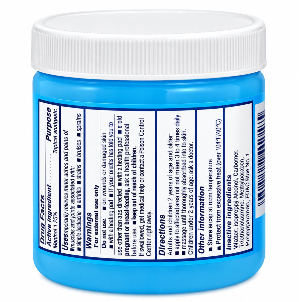 A blue plastic jar with a white screw cap, showing the back label with text details, photographed against a clean white background.