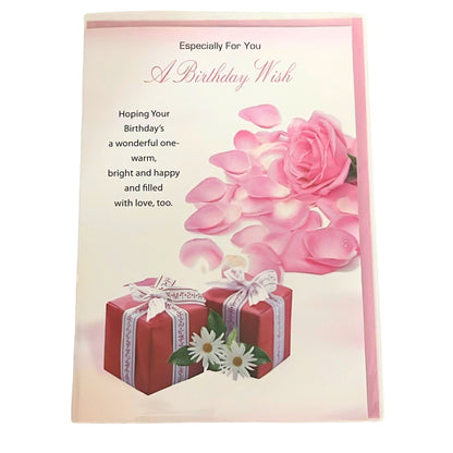 Birthday card with pink roses, red gift boxes, and white text on a light pink background