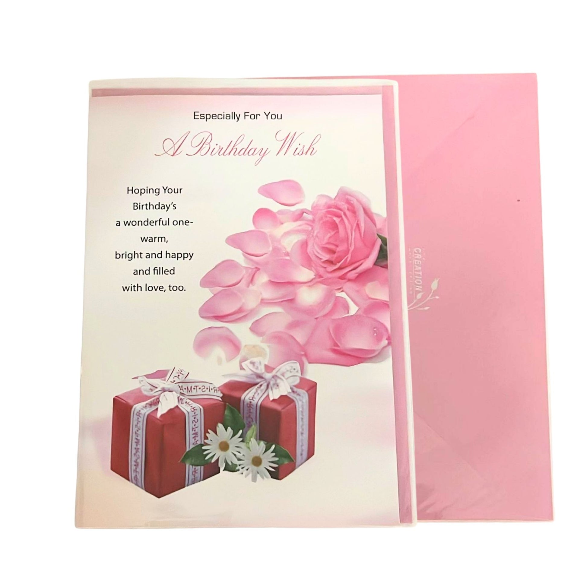 Birthday card with pink rose, gift box, and text on a white background