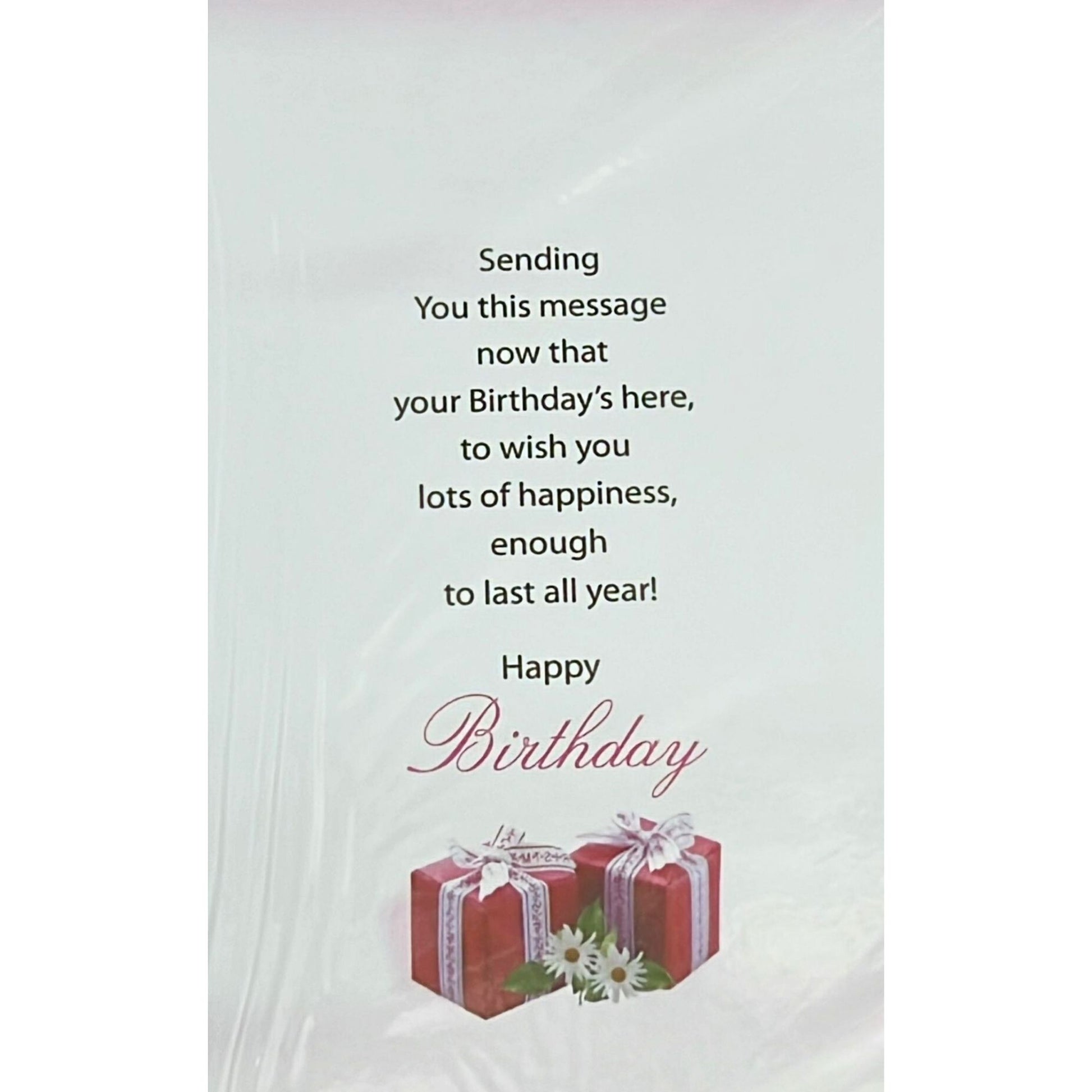 Birthday card with text and gift illustrations on a light gray background