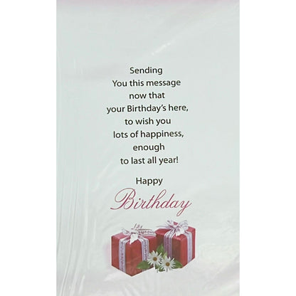 Birthday card with text and gift illustrations on a light gray background