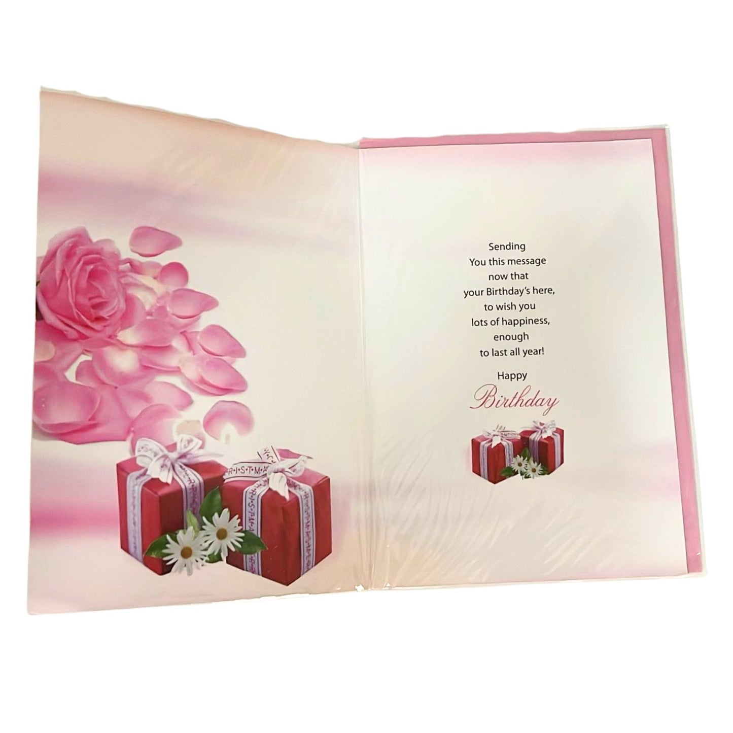 Open birthday card with pink roses and presents on a white background
