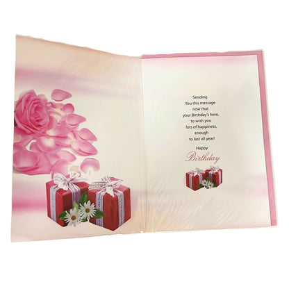 Open birthday card with pink roses and presents on a white background