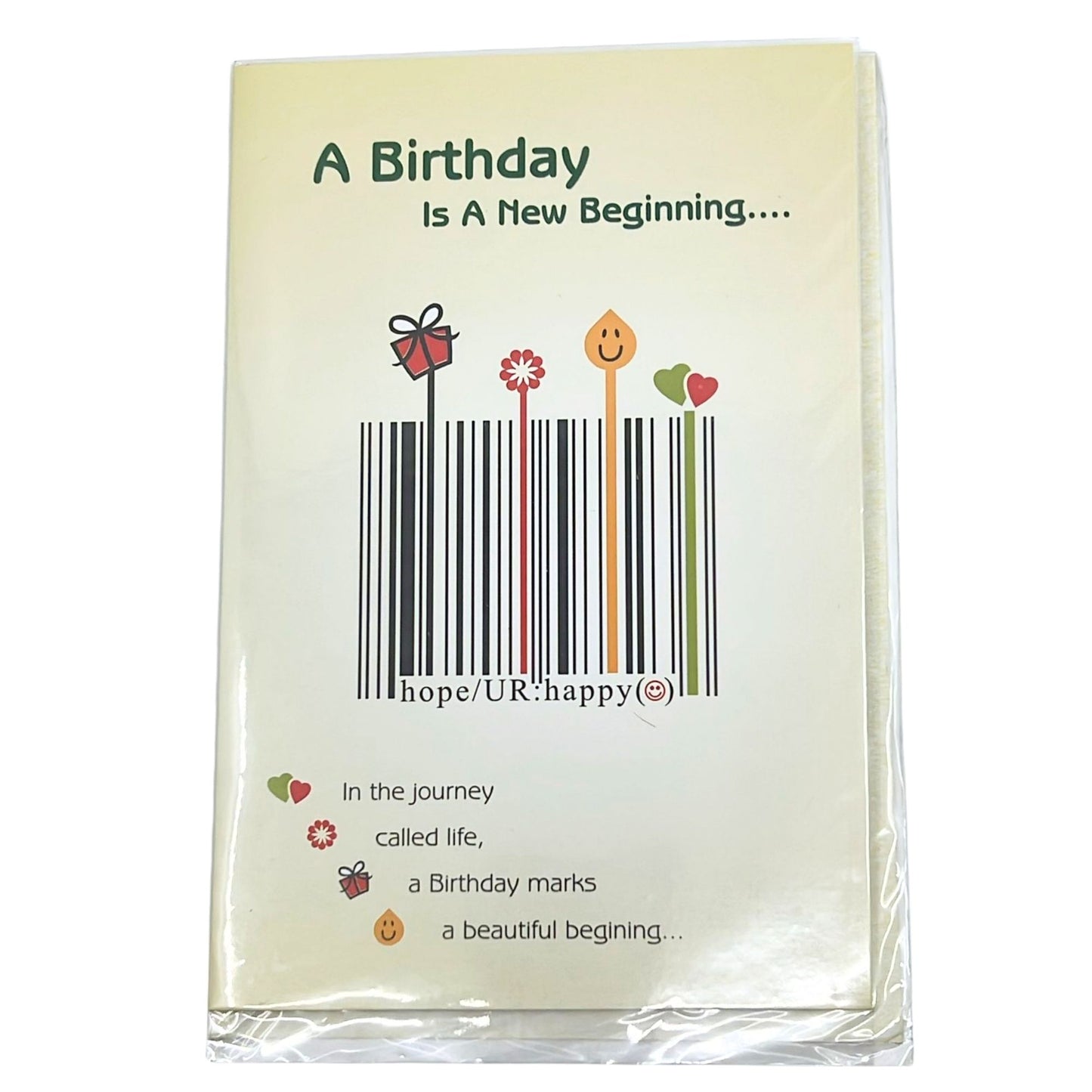 Card with a barcode design and birthday-themed text on a white background