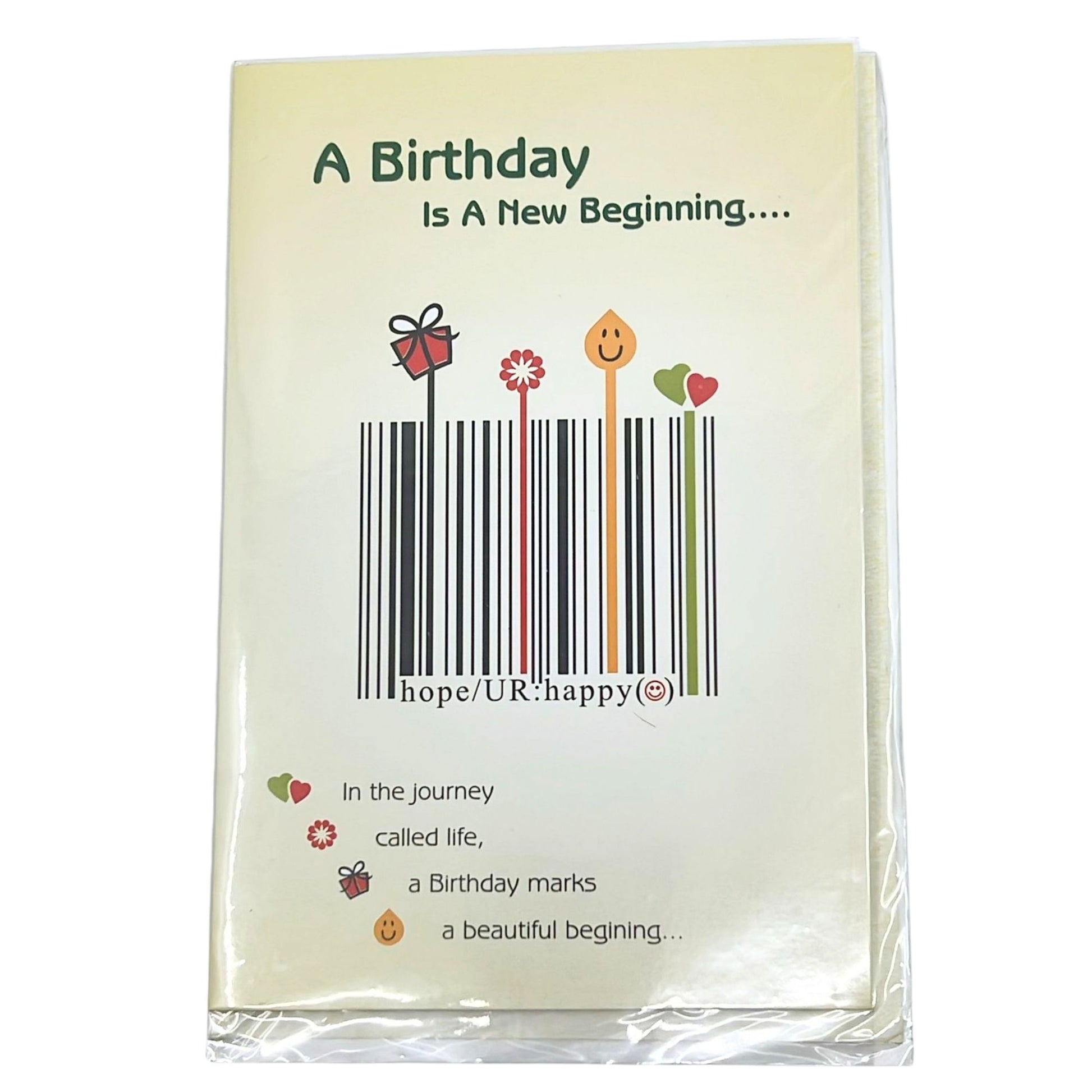 Card with a barcode design and birthday-themed text on a white background