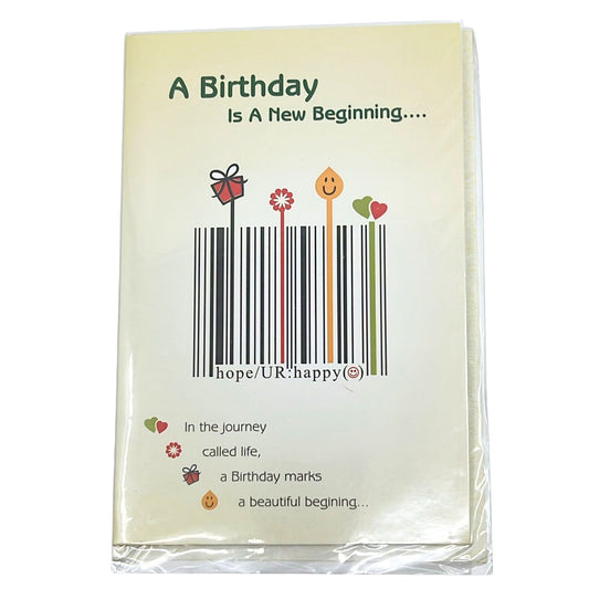 Card with a barcode design and birthday-themed text on a white background