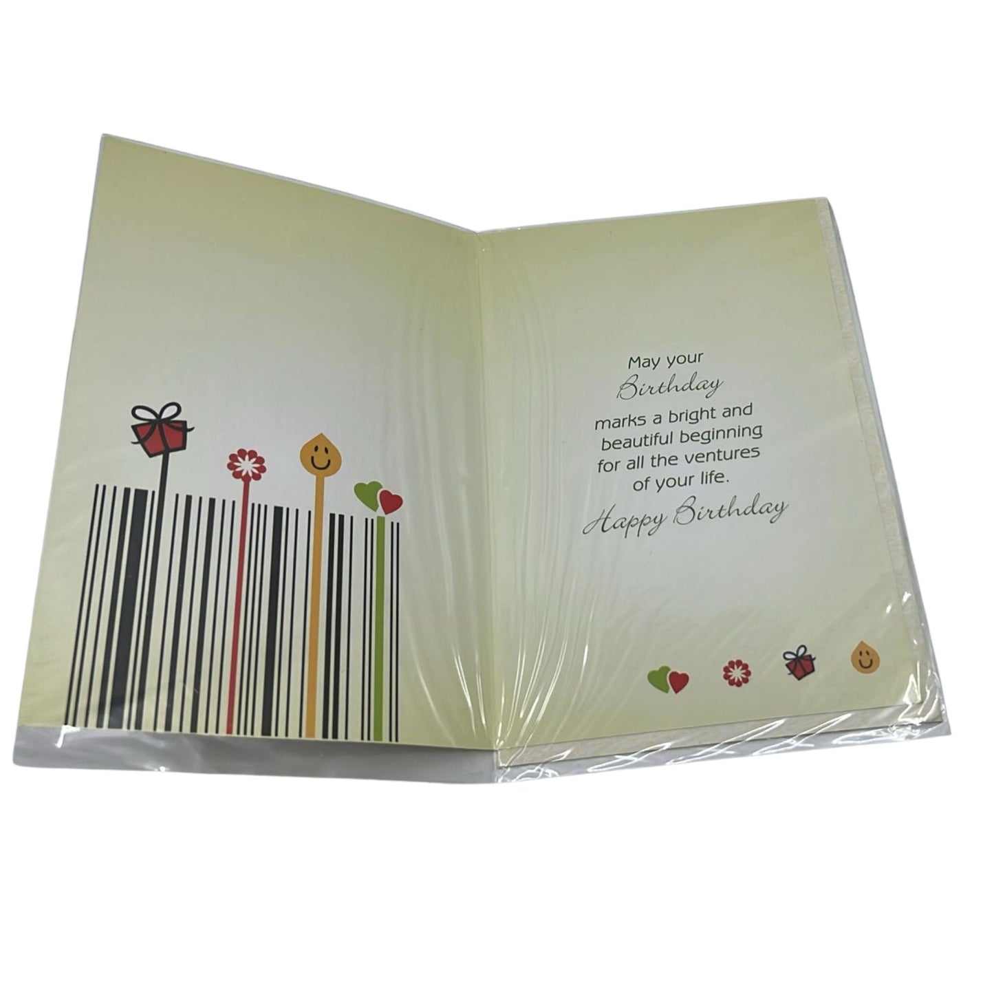Open birthday card with decorative elements and a barcode on a white background