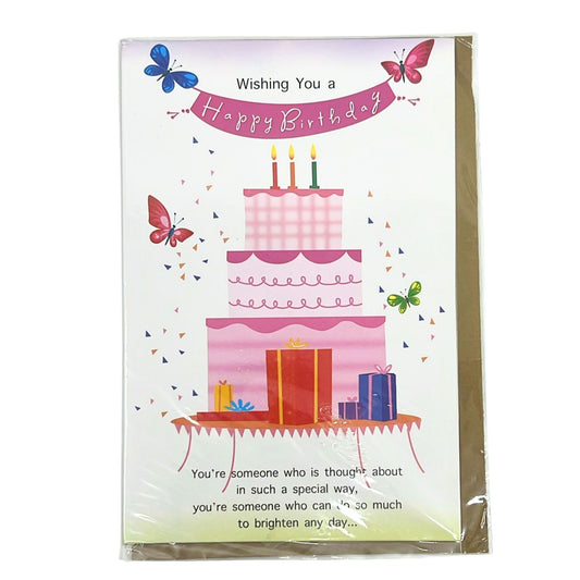 Birthday card with a cake illustration and butterflies on a white background