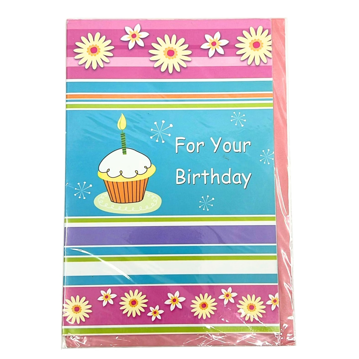 Birthday-themed paper with cupcake and candle illustration on a striped background