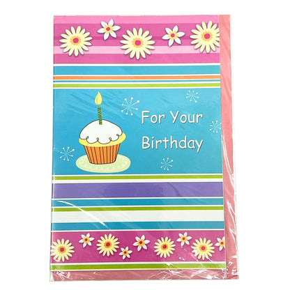 Birthday-themed paper with cupcake and candle illustration on a striped background
