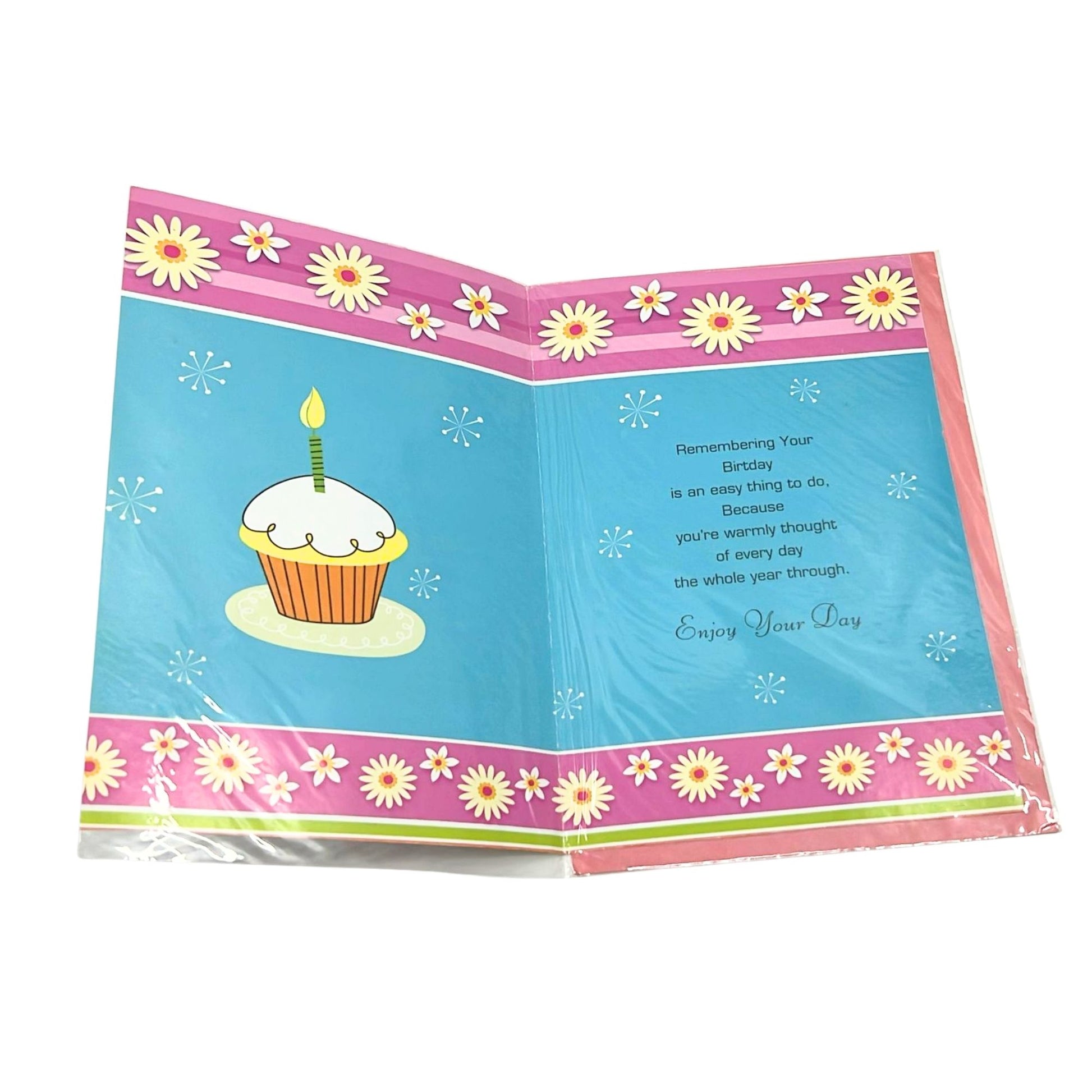 Colorful birthday card with a cupcake illustration and floral border on a white background