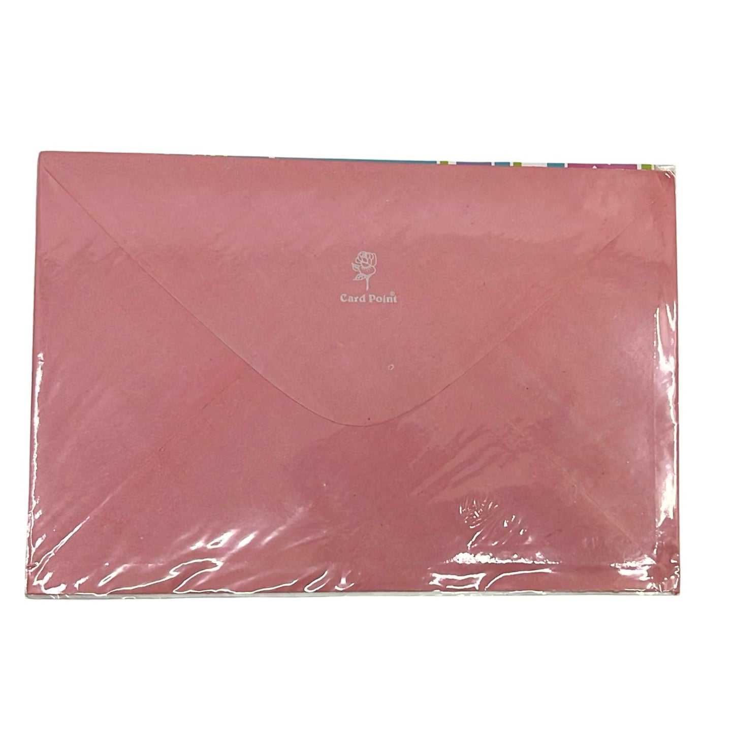 Pink envelope with clear plastic wrap on a white background
