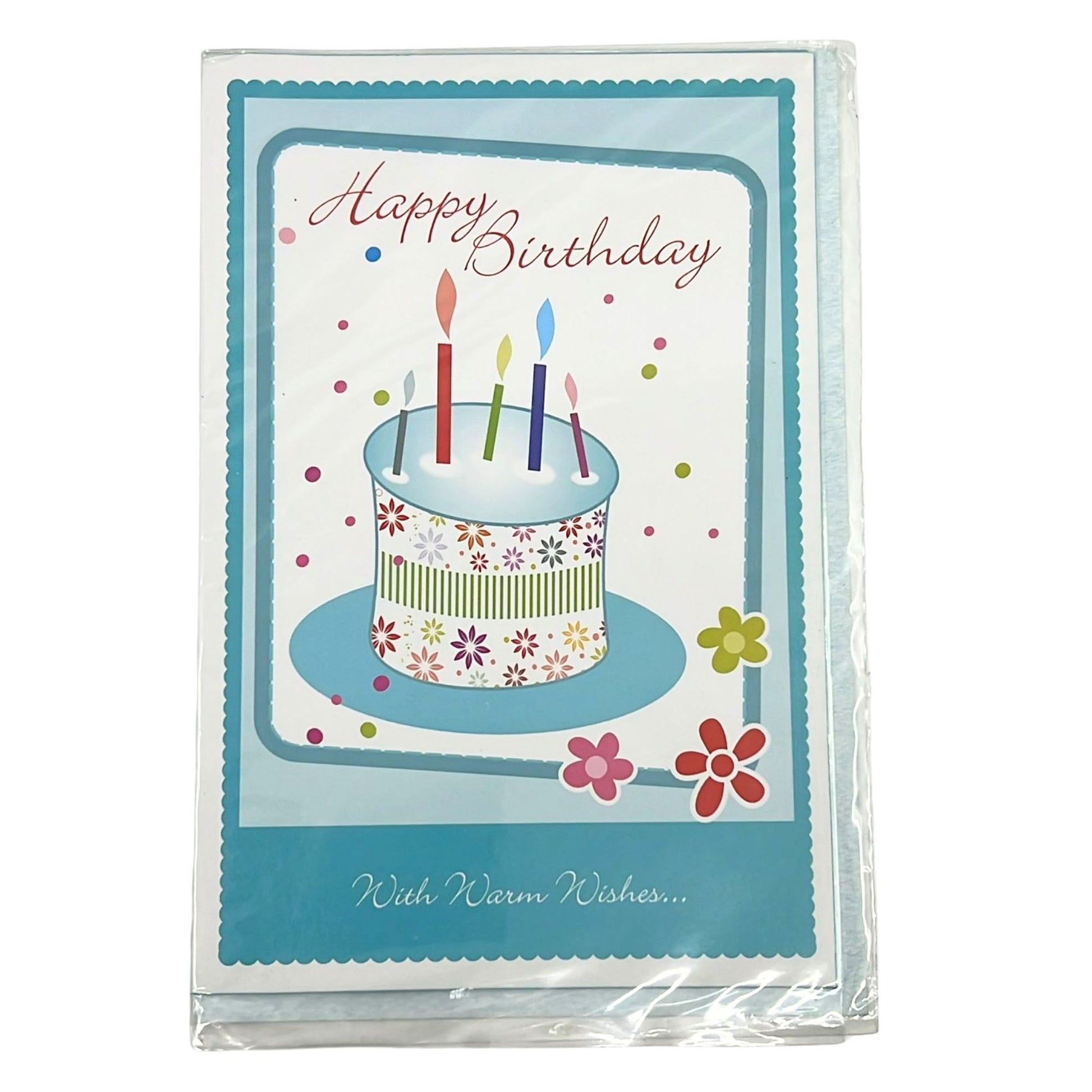 Packaged birthday card with a cake illustration and 'Happy Birthday' text.