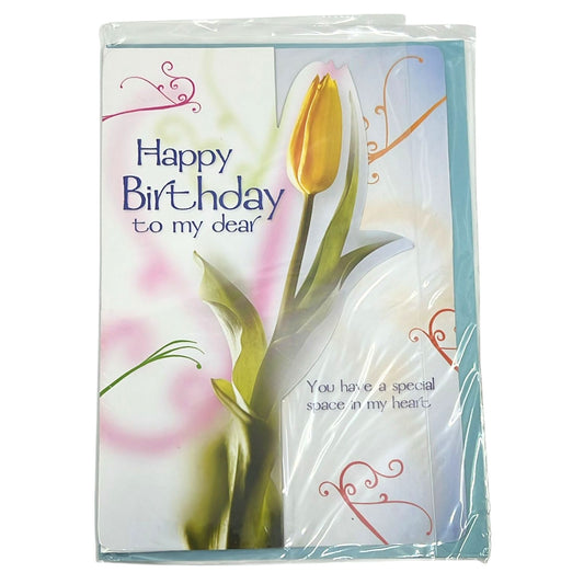Greeting card with a yellow tulip and text on a white background
