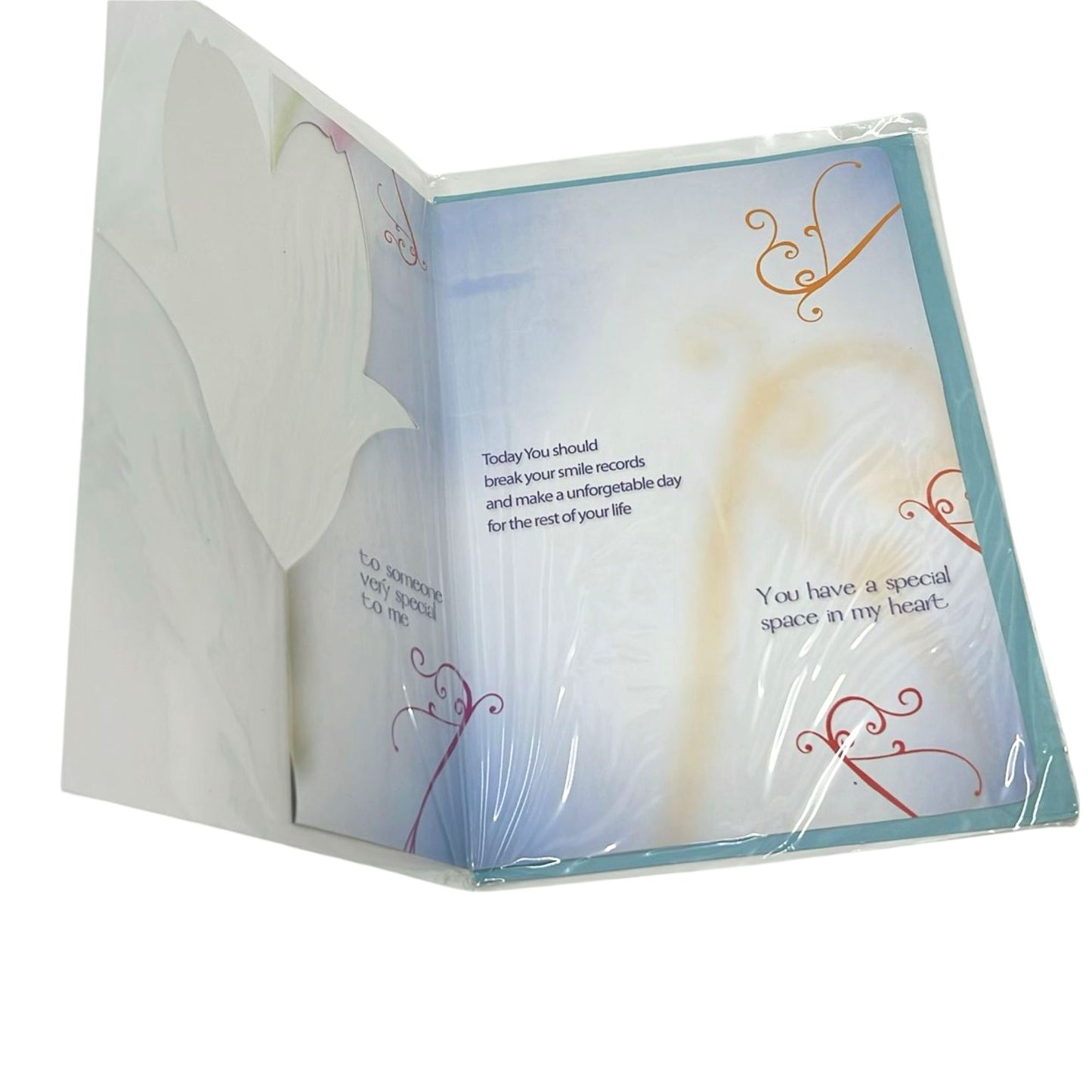 Greeting card with heart design and text on a white background