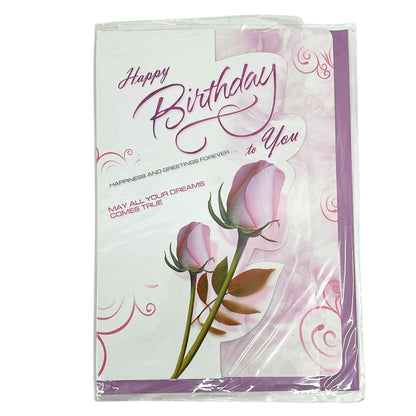 Birthday card with pink roses and decorative text on a white background