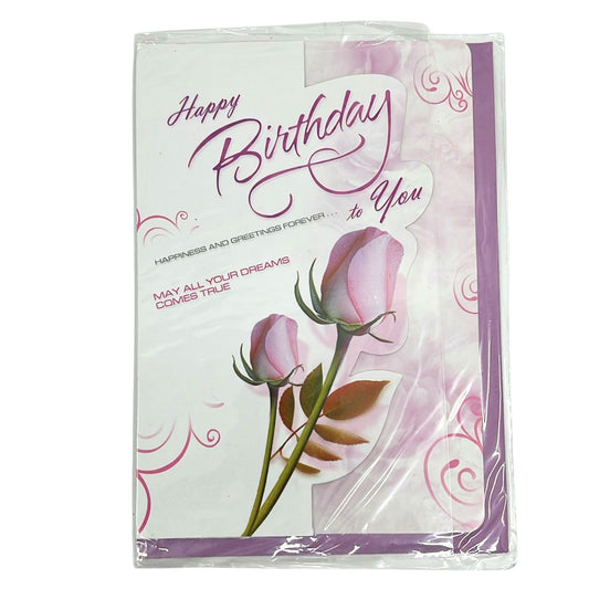 Birthday card with pink roses and decorative text on a white background