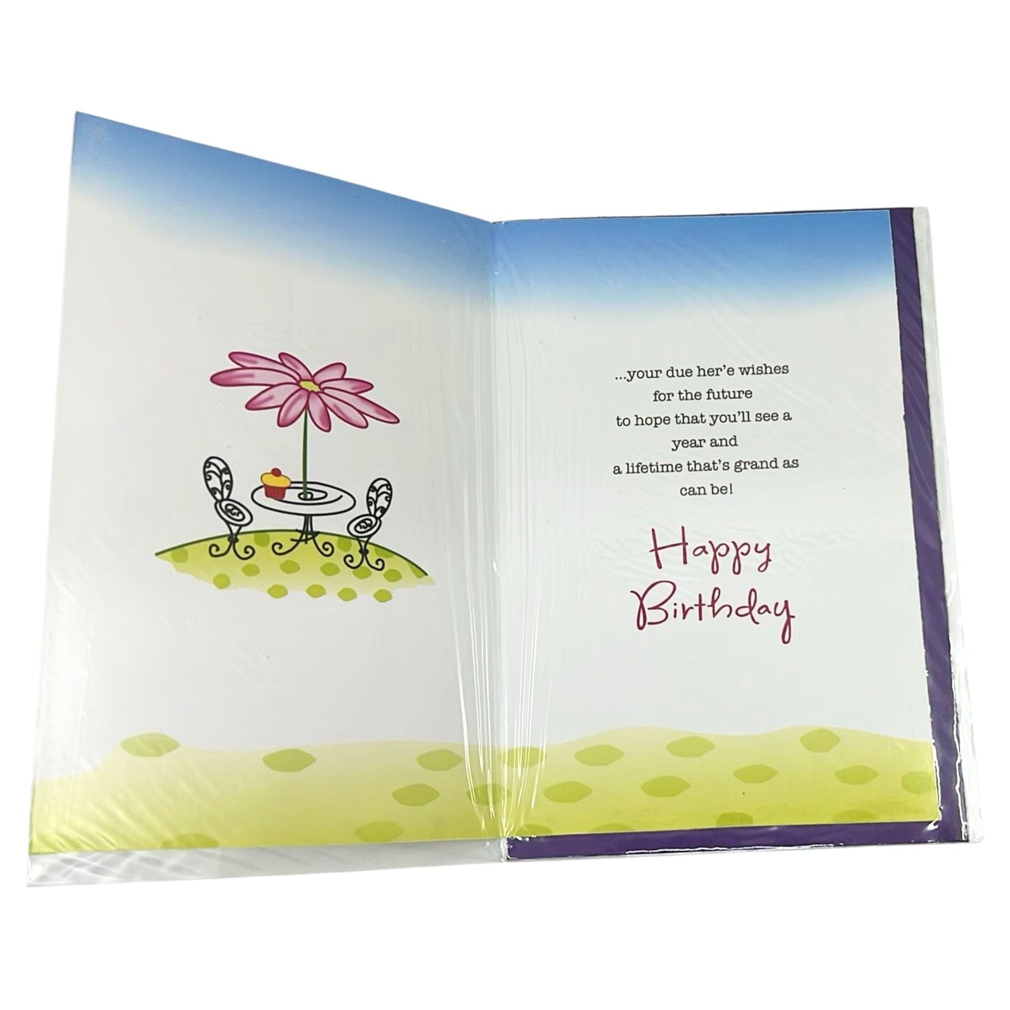 Open birthday card with floral design and text on a white background