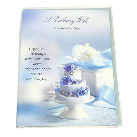 Birthday card with a cake and flowers on a blue background