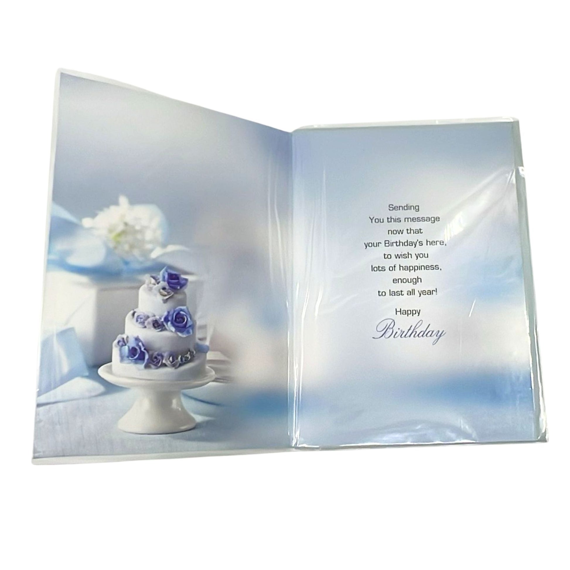 Open birthday card with a cake and flowers on one side and a birthday message on the other, on a white background.