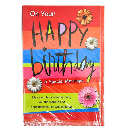 Colorful birthday card with flowers and text on a white background