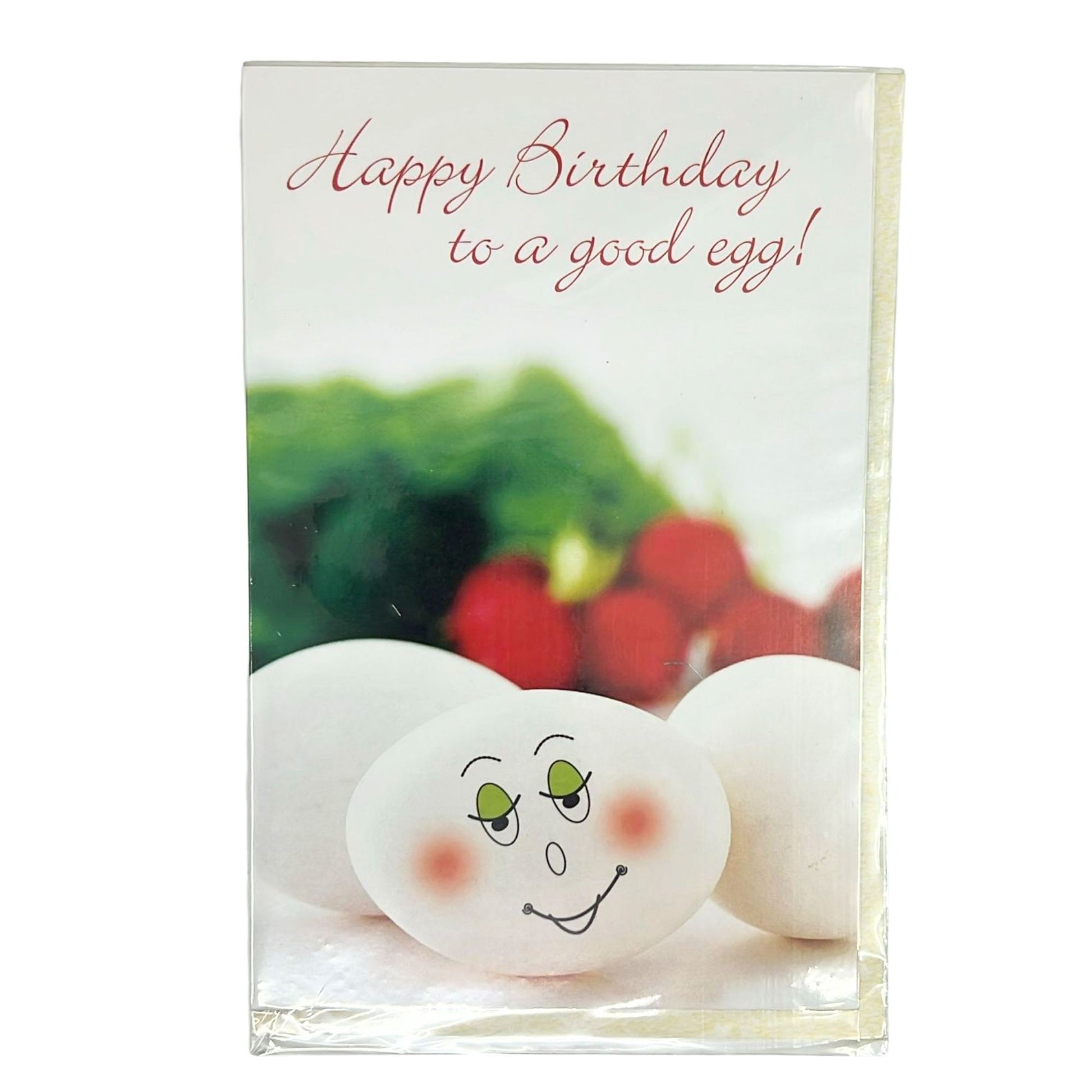 Greeting card with smiling eggs and text 'Happy Birthday to a good egg!' on a white background.