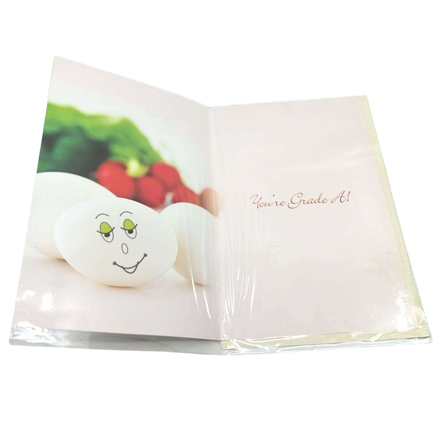 Greeting card with a smiley face marshmallow and text on a white background