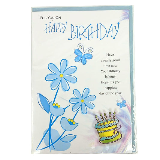 Birthday card with blue flowers, butterfly, and birthday cake illustration on a white background