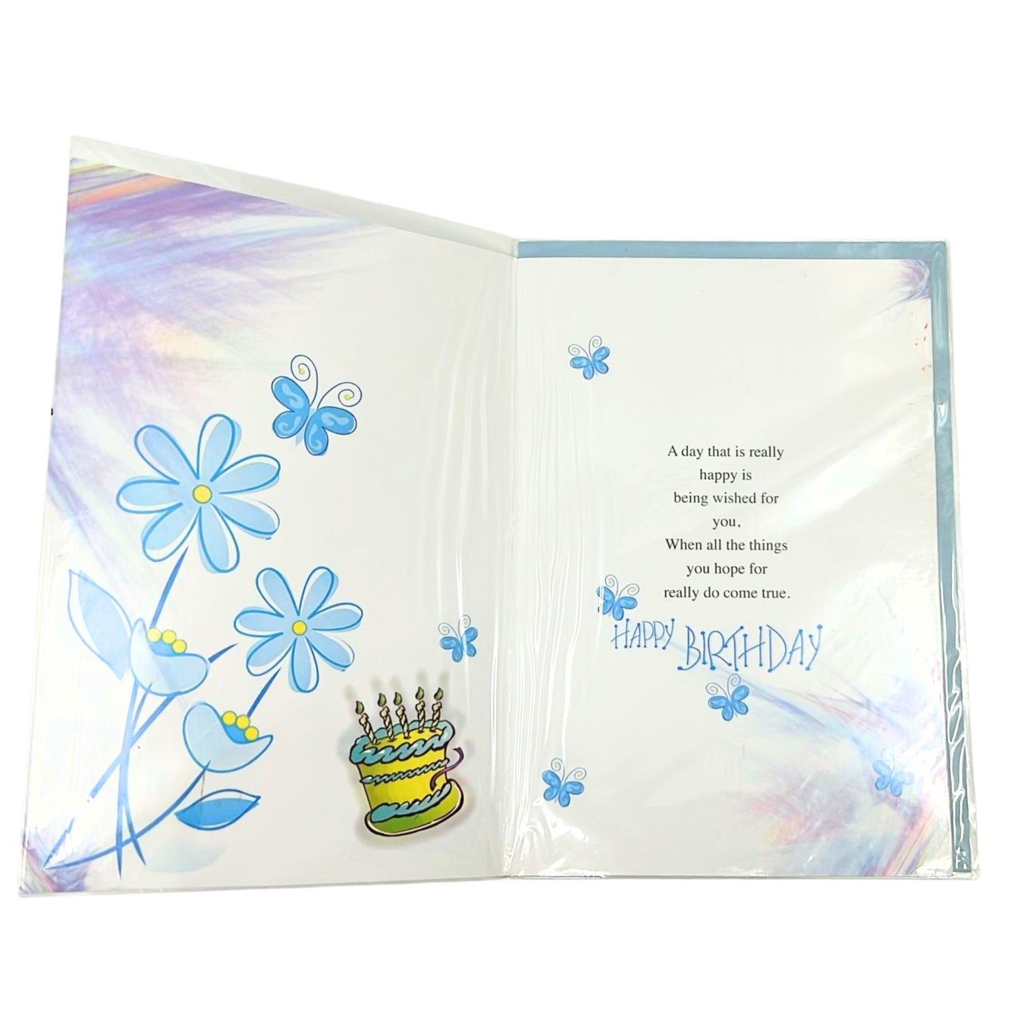 Open birthday card with floral and cake illustrations on a white background