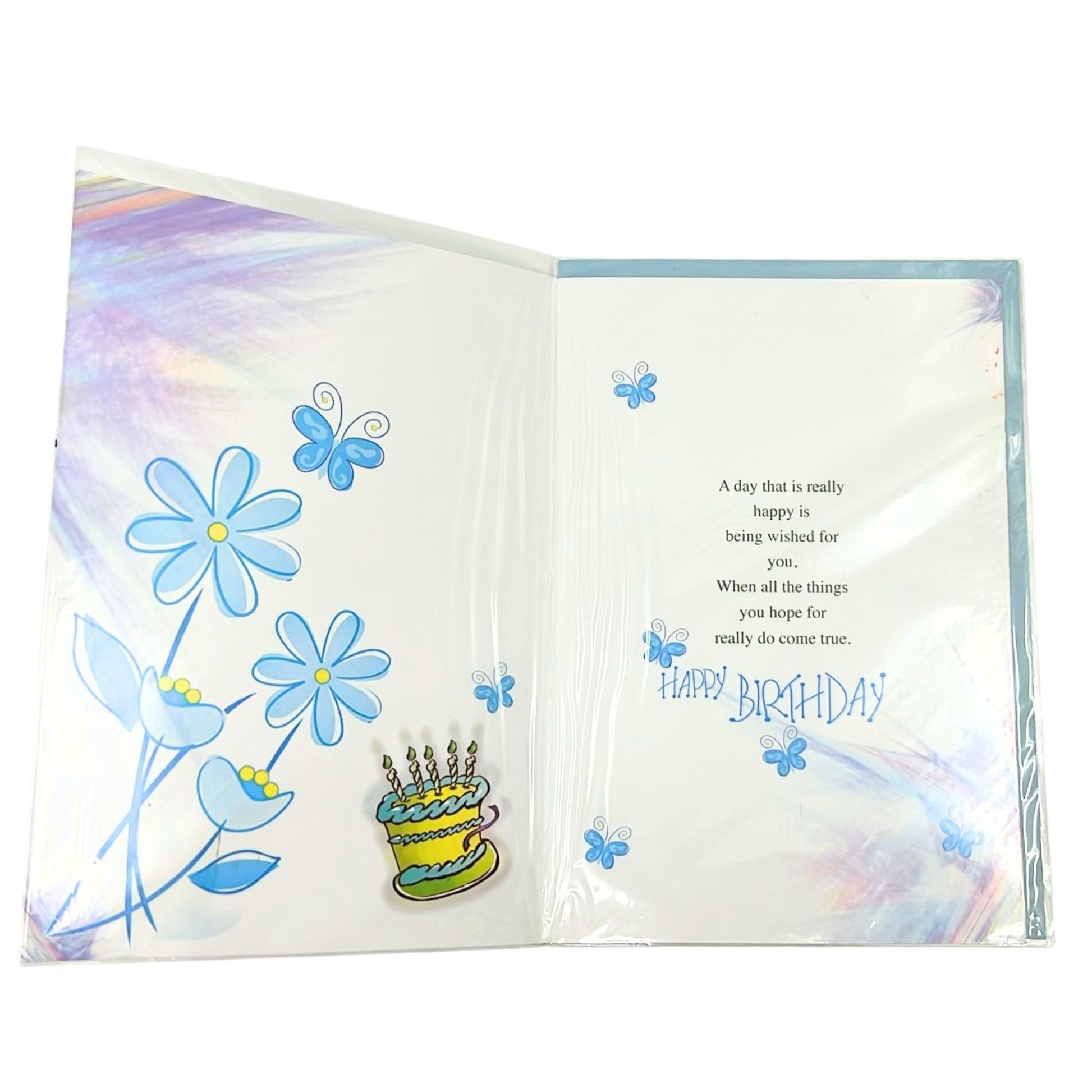 Open birthday card with floral and cake illustrations on a white background