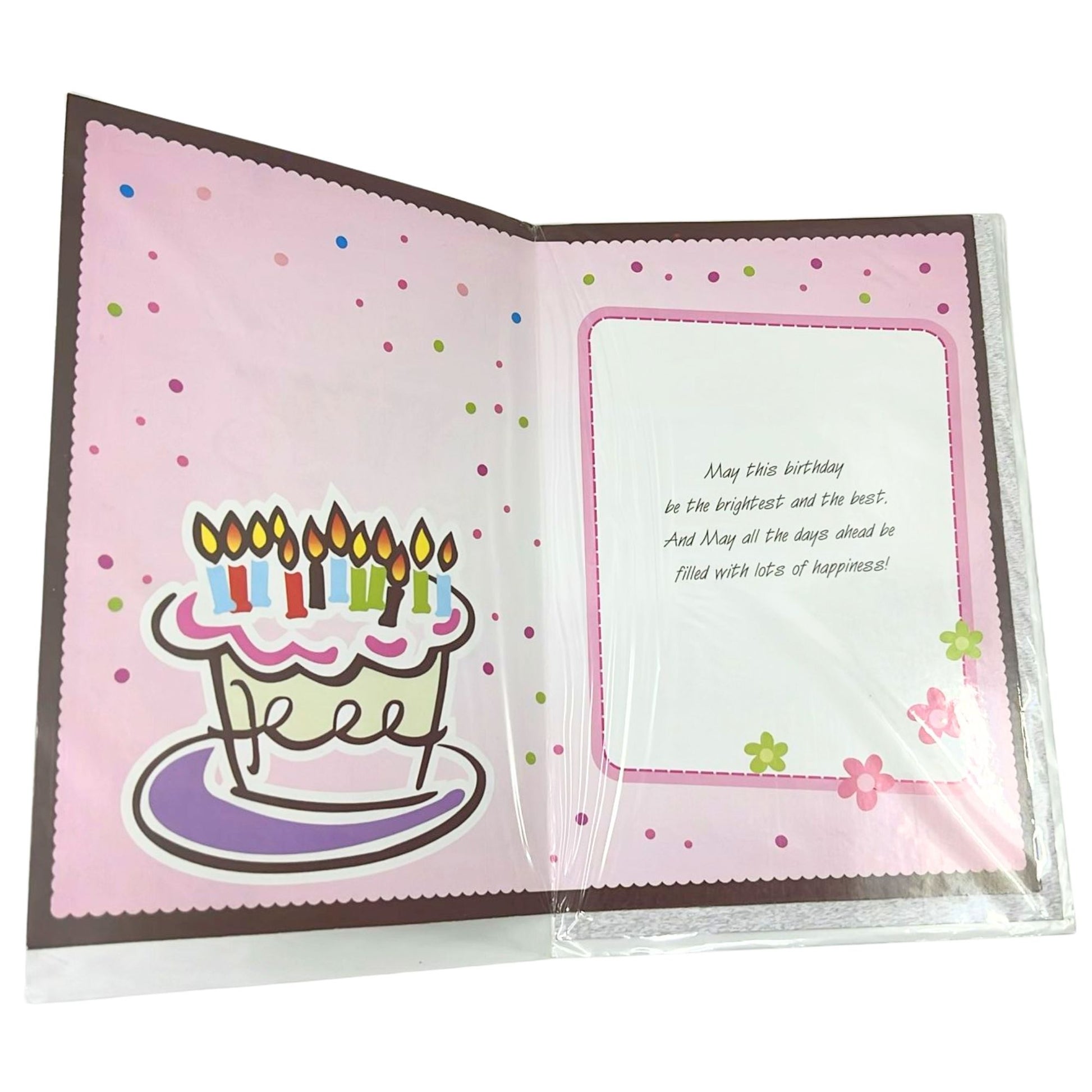 Birthday card with a cake illustration and birthday wishes on a pink background