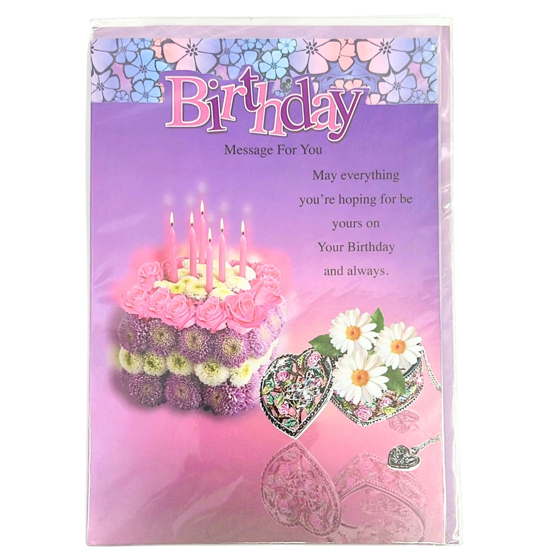 Birthday card with a cake and flowers design on a purple background