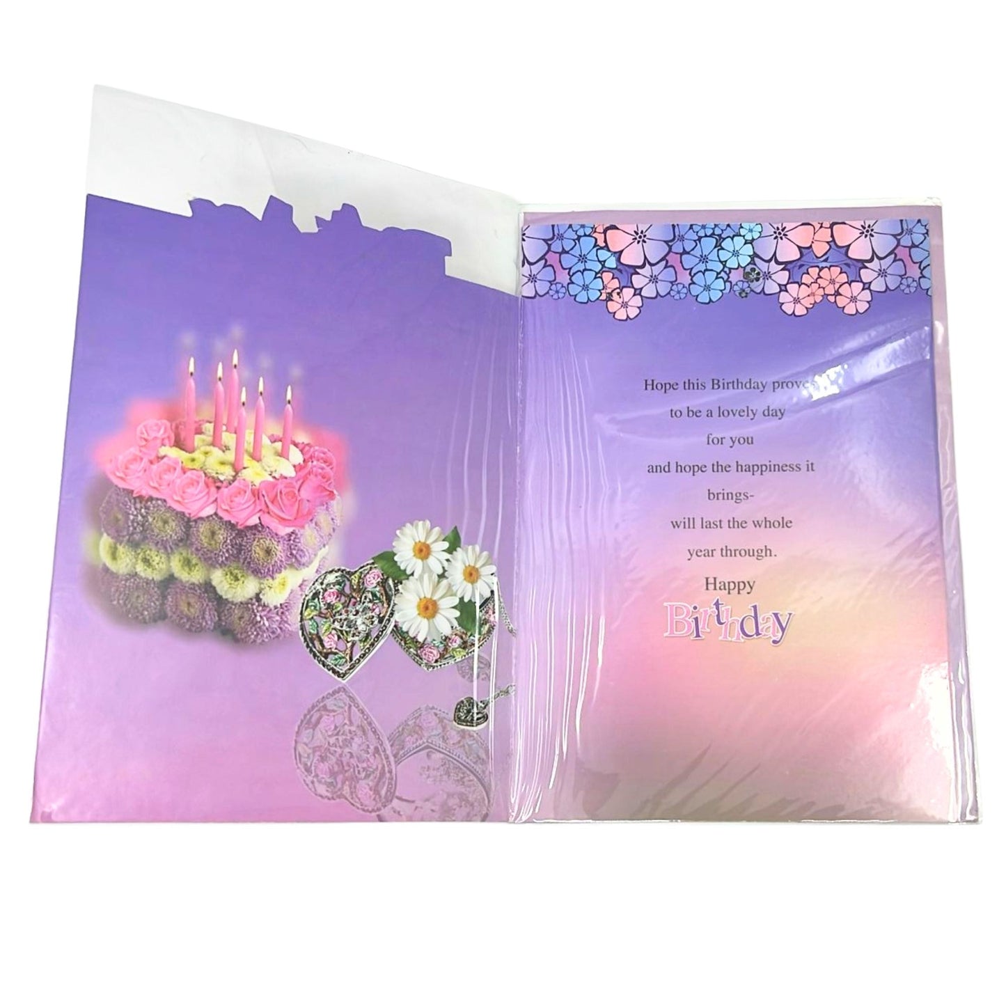 Open birthday card with cake and flowers illustration on a purple background