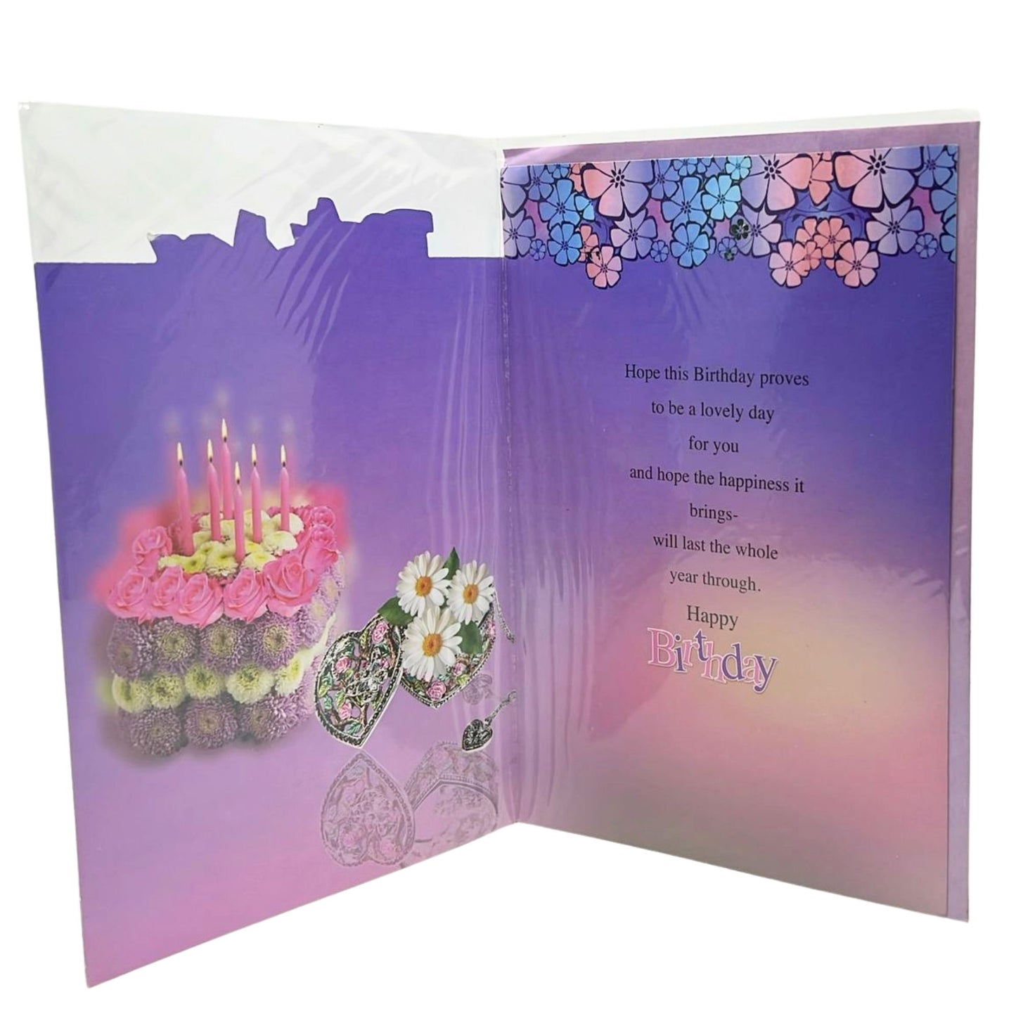 Open birthday card with cake and flowers illustration on one side and floral border and message on the other, on a white background.
