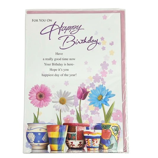 Birthday card with colorful flower pots and flowers on a white background