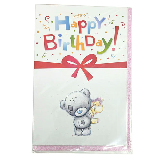 Birthday card with a teddy bear and colorful 'Happy Birthday!' text on a white background
