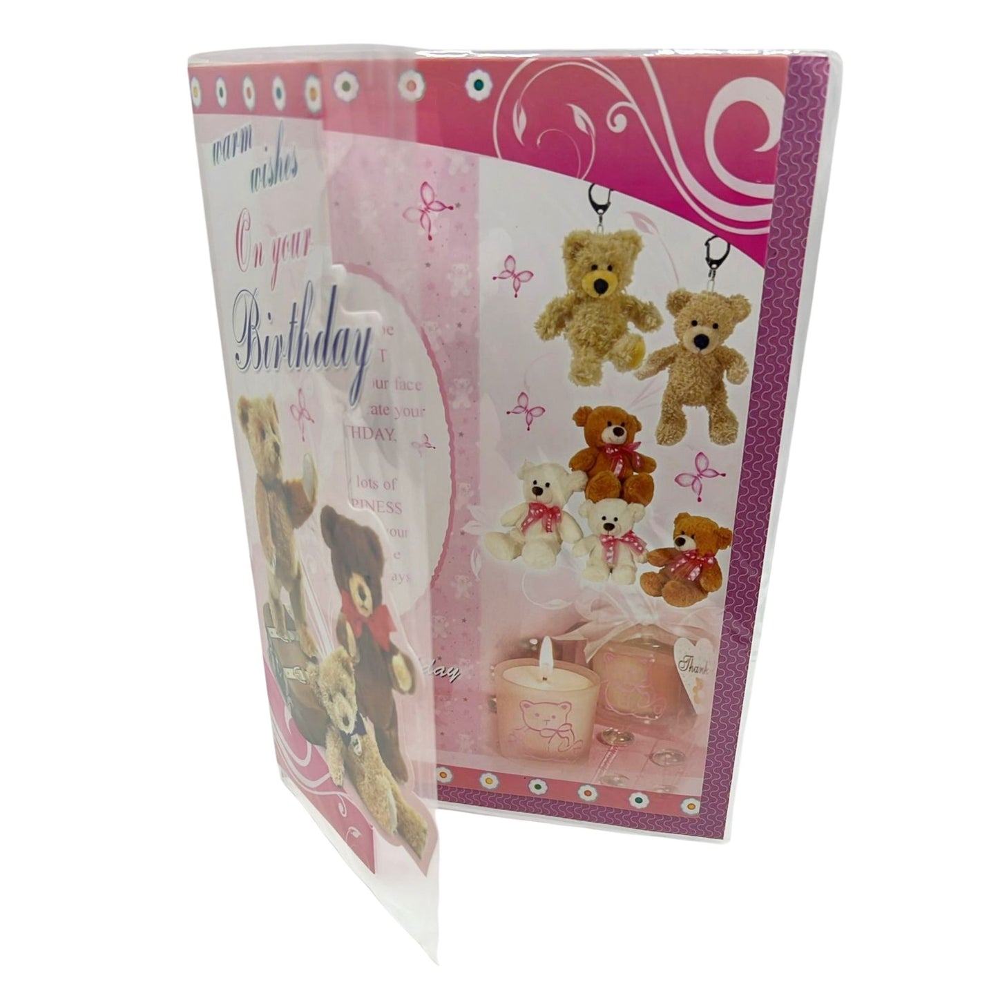 Birthday card with teddy bears and decorative elements on a white background