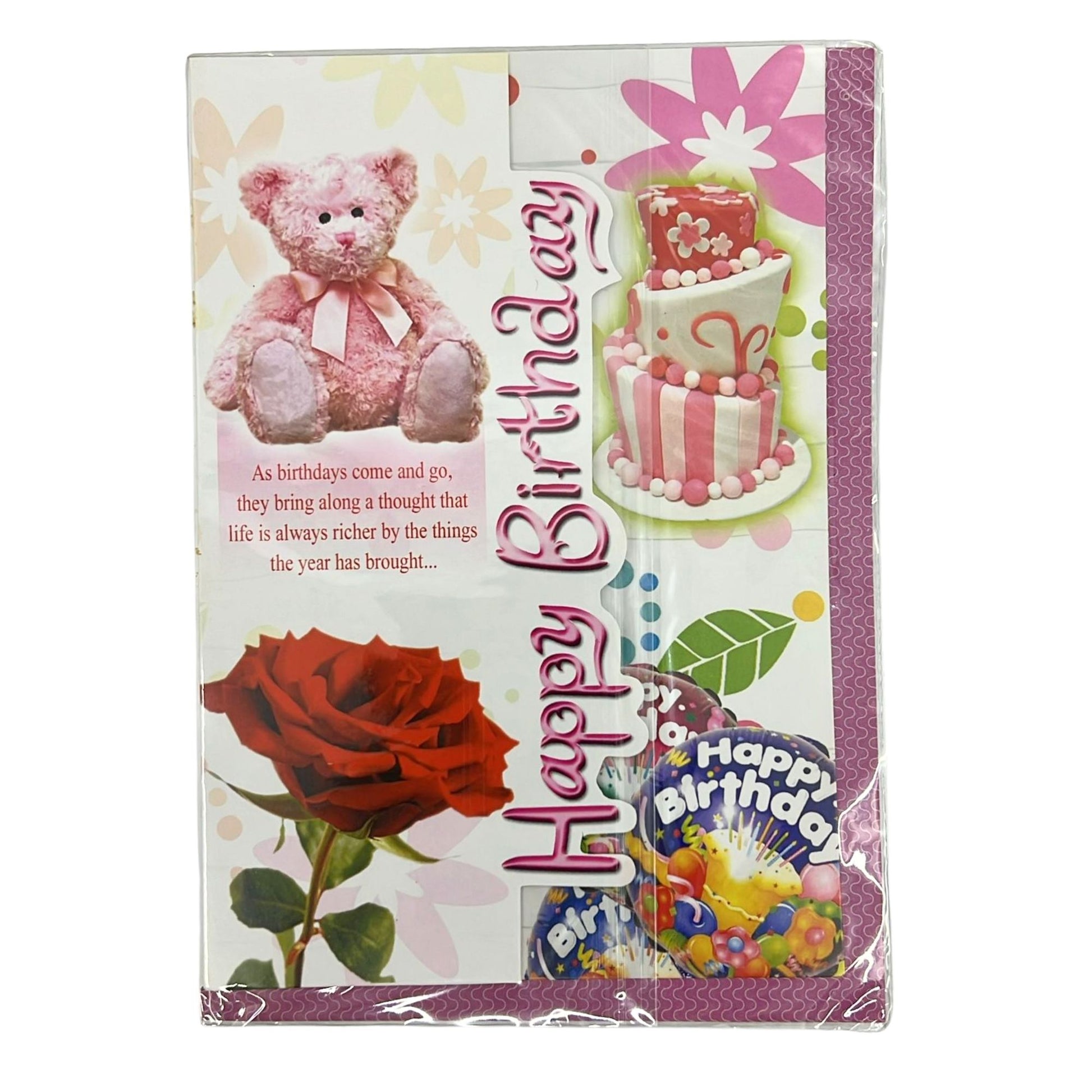 Birthday card with teddy bear, cake, and rose design on a white background