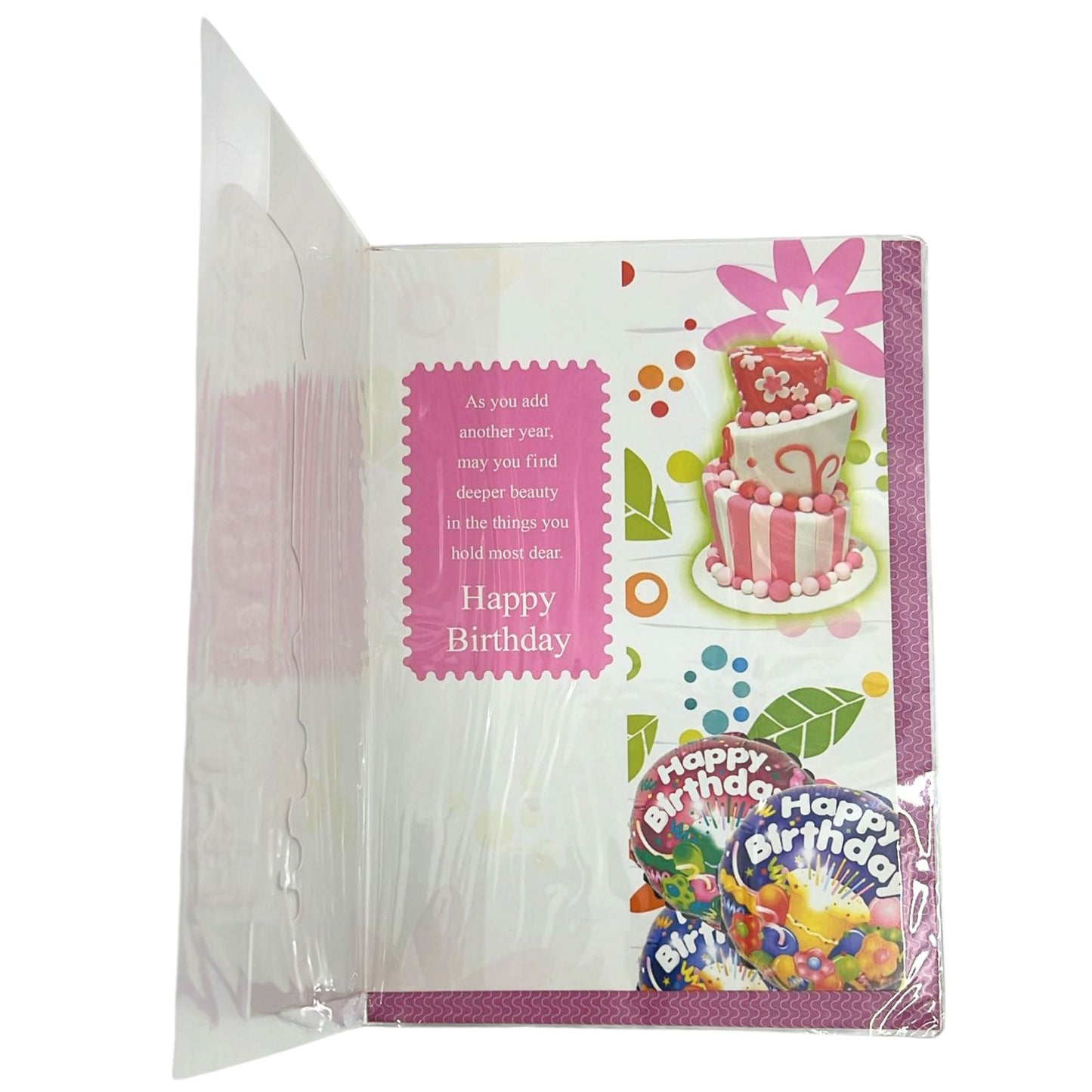 Greeting card with birthday cake illustration and text on a white background