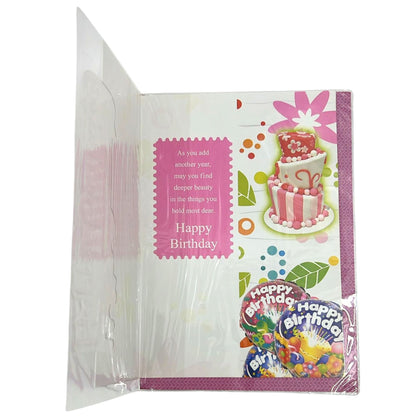 Greeting card with birthday cake illustration and text on a white background