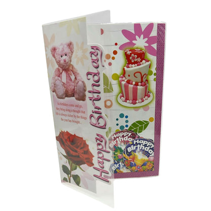 Colorful birthday card with teddy bear, cake, and flowers on a white background