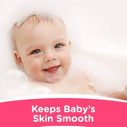 Baby in a bubble bath with a text overlay 'Keeps Baby's Skin Smooth' on a pink banner.