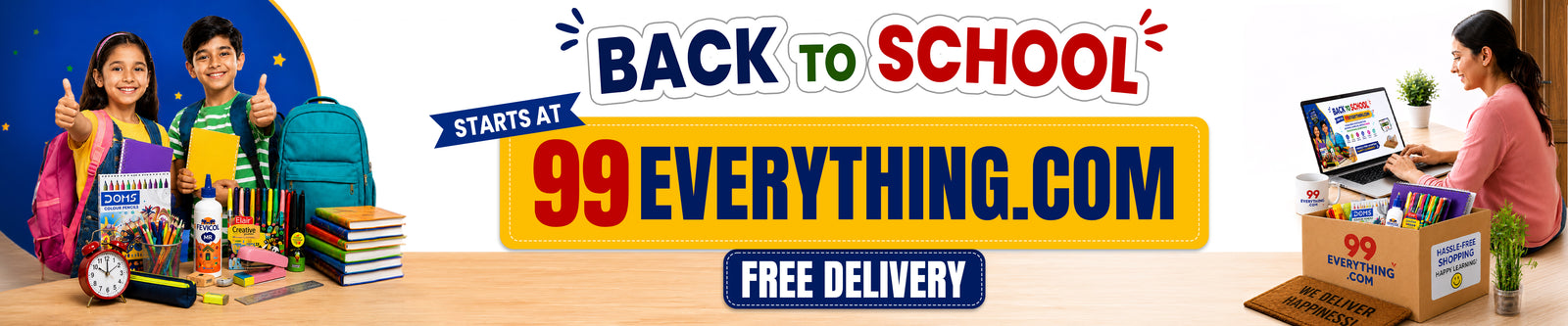 A promotional banner for 99Everything.com Back to School free delivery.