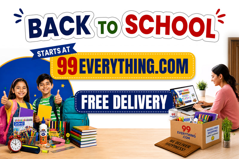 Back to School promotional banner for 99Everything.com featuring children with backpacks and books, a woman working on a laptop, and large text reading 'BACK TO SCHOOL', 'STARTS AT 99EVERYTHING.