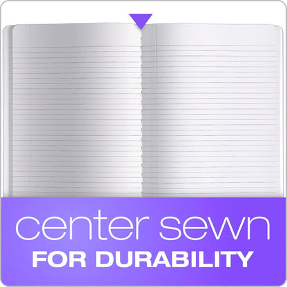 Open notebook with center sewn binding and text 'center sewn FOR DURABILITY' on a purple banner.