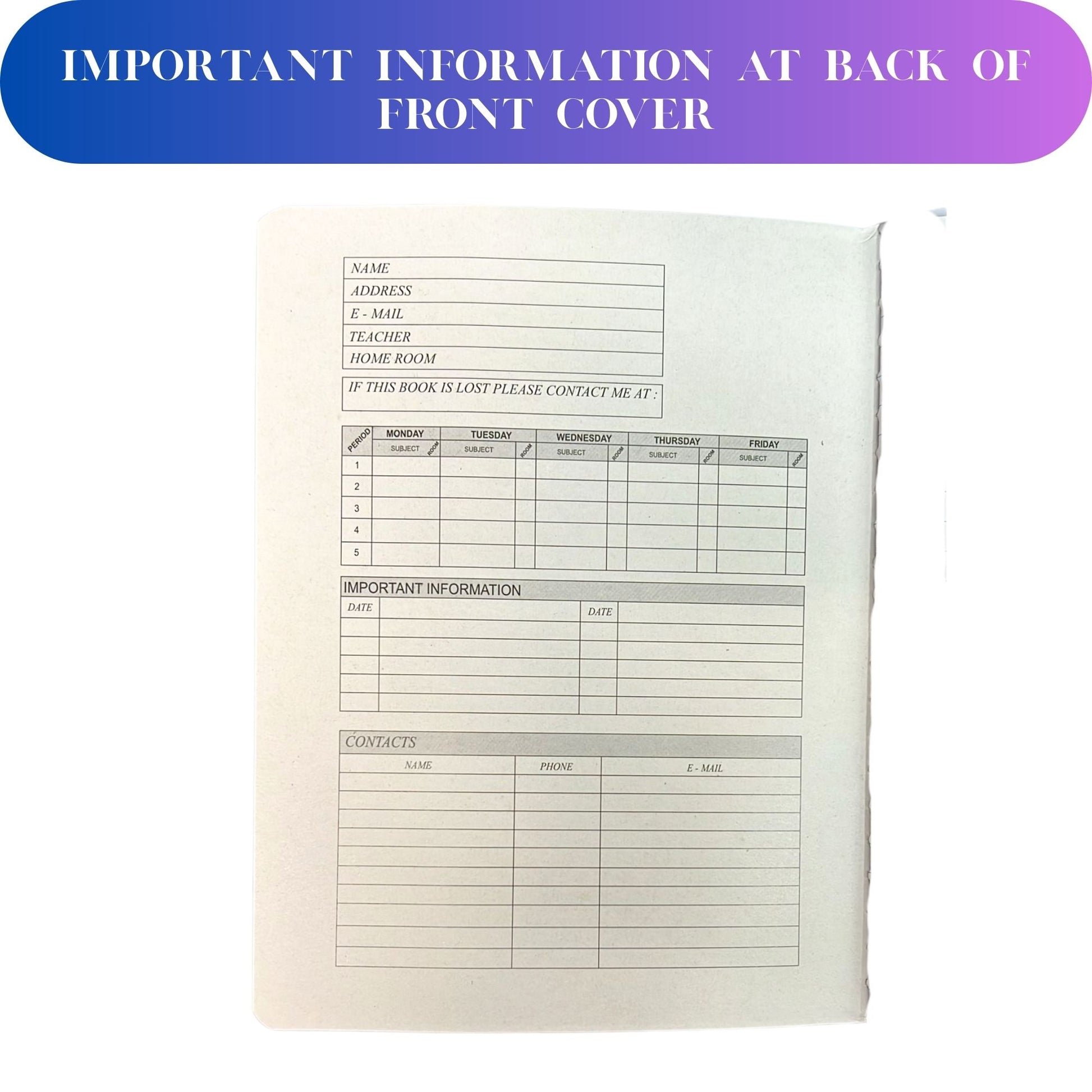 Notebook cover with pre-printed forms and text on a white background