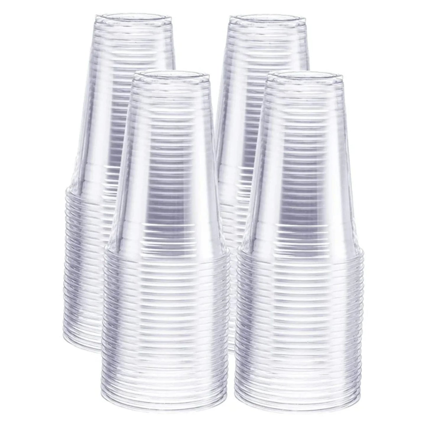Stacks of clear plastic cups on a white background