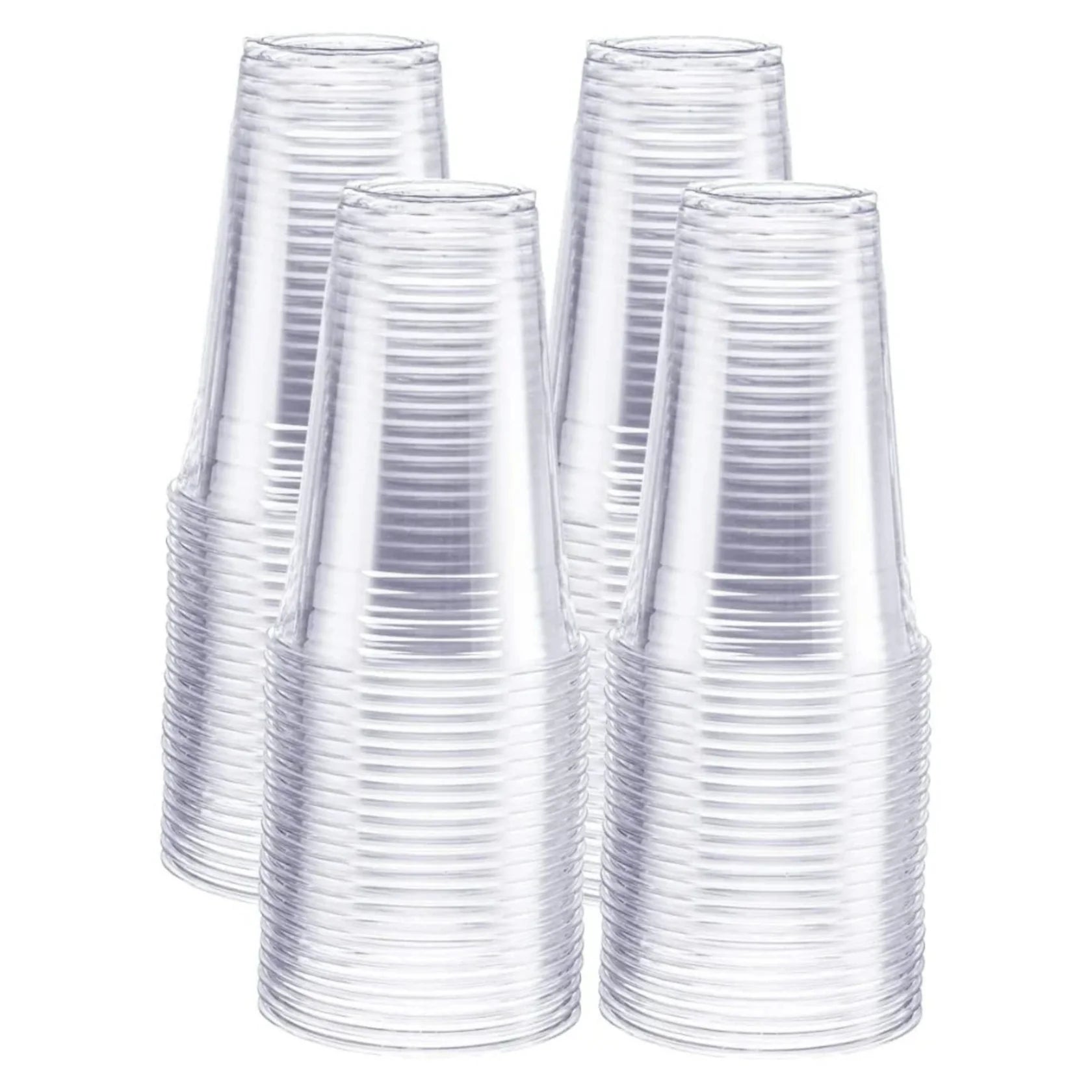 Stacks of clear plastic cups on a white background
