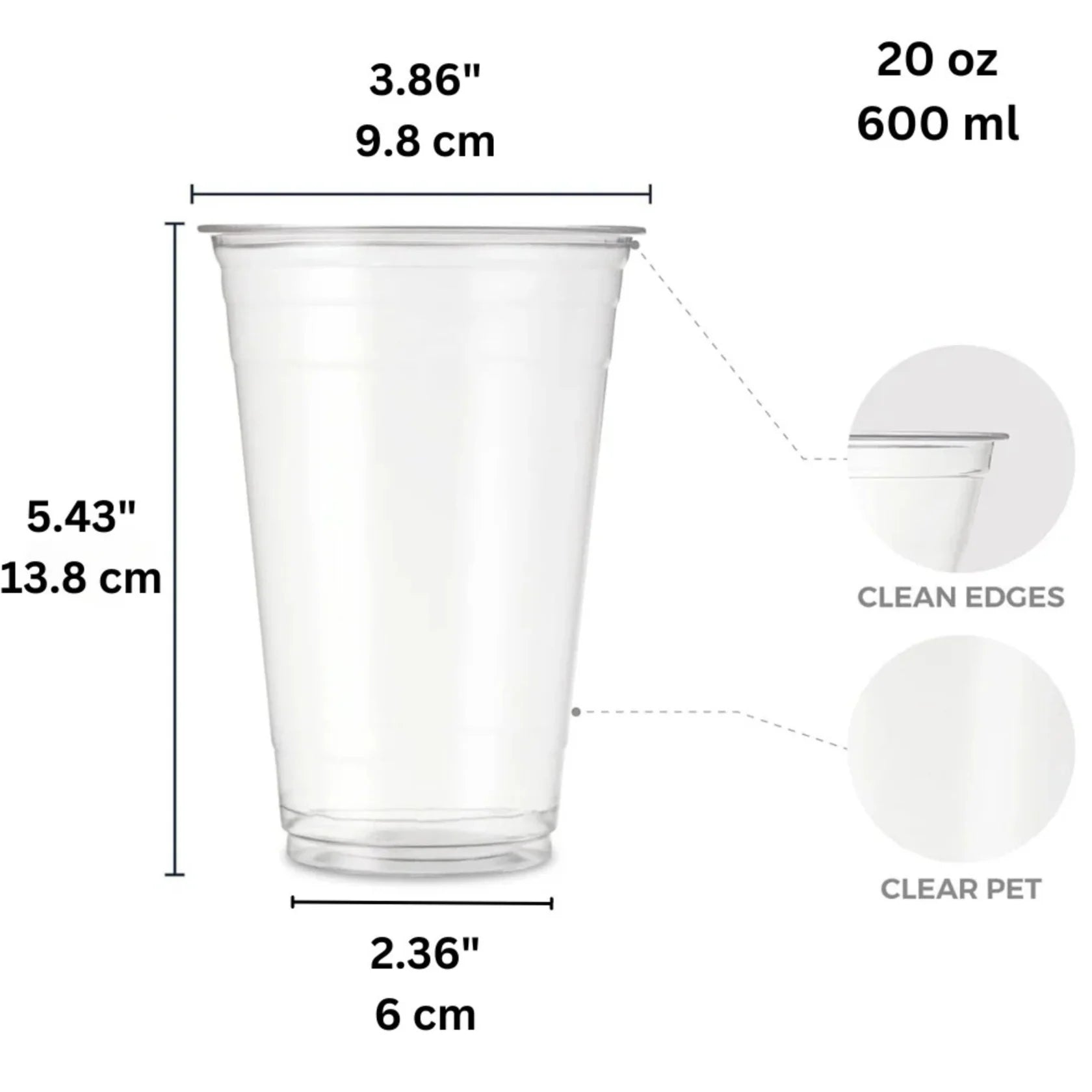Clear plastic cup with measurements and details on a white background