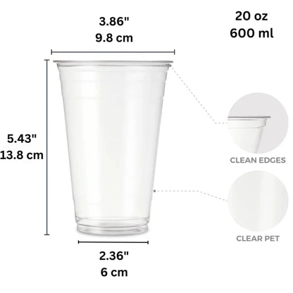 Clear plastic cup with measurements and details on a white background